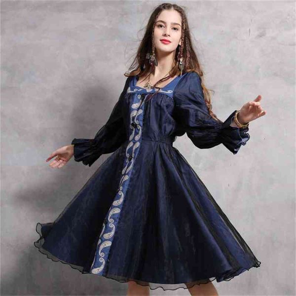 casual dress autumn women organza female nine-point flare sleeve square collar embroidery vintage elegant denim d613 issk, Black;gray 
casual dress autumn women organza female nine-point flare sleeve square collar embroidery vintage elegant denim d613 issk, Black;gray
