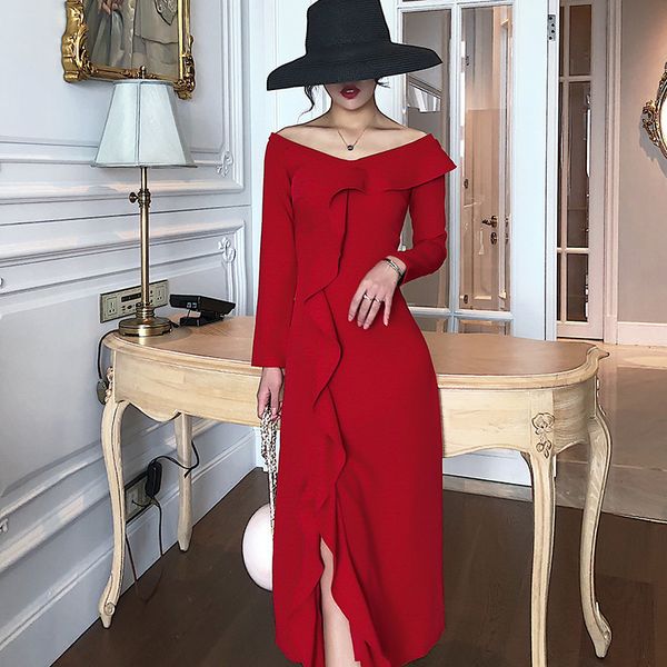 spring and autumn fashion women clothes slash collar slim ruffles dress mid calf female vestido wp87601l 210421, Black;gray
spring and autumn fashion women clothes slash collar slim ruffles dress mid calf female vestido wp87601l 210421, Black;gray