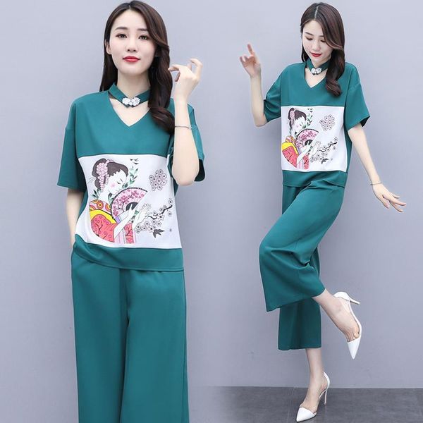 wide leg pants two piece set style elastic buckle waist clothes chinese summer 2021 vintage loose printing women plus size age women's, White
wide leg pants two piece set style elastic buckle waist clothes chinese summer 2021 vintage loose printing women plus size age women's, White