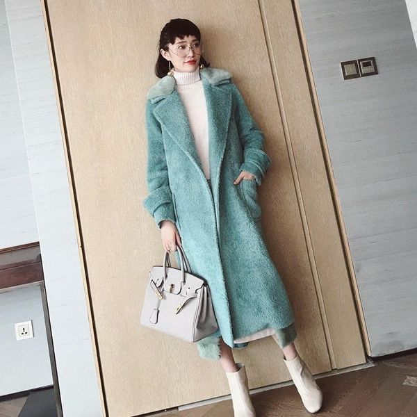 women's wool & blends special cashmere coat mint green alpaca windbreaker long mink collar, Black