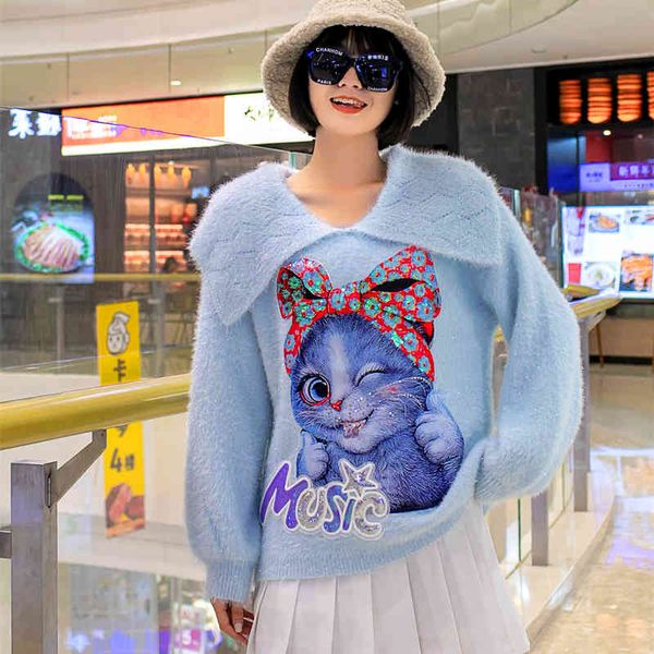 

sweaters women's knitted autumn and winter loose retro doll collar cat sequined lazy style sweater coat trend, White;black