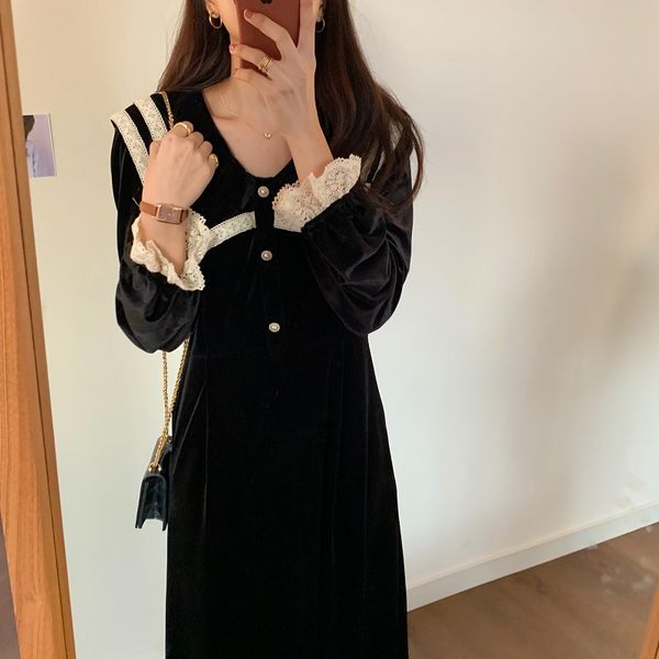 dresses chic veet french women lace patchwork elegant pearl party retro long female autumn vestidos, Black;gray
dresses chic veet french women lace patchwork elegant pearl party retro long female autumn vestidos, Black;gray