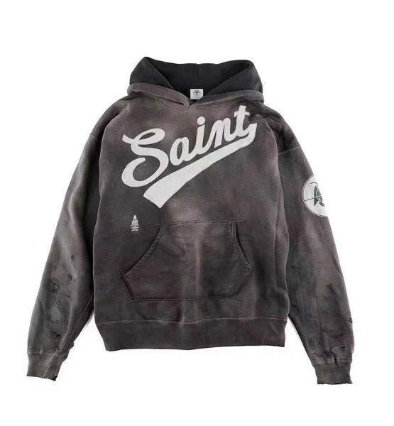 saint michael 21aw autumn and winter heavy washing damaged worn letter printed hoodie, Black