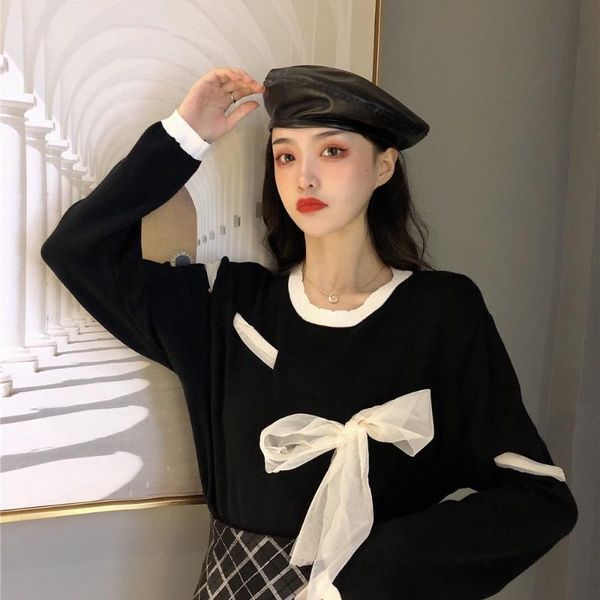 women's sweaters fall 2021 women bow pullovers knitted black sweet style female loose korean clothes fashion brand spring autumn, White;black
women's sweaters fall 2021 women bow pullovers knitted black sweet style female loose korean clothes fashion brand spring autumn, White;black