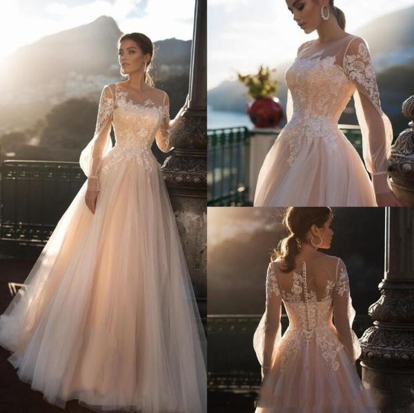 romantic sheer long sleeves wedding dresses a line tulle lace appliqued illusion back bridal gowns custom made robes de mariée, White
romantic sheer long sleeves wedding dresses a line tulle lace appliqued illusion back bridal gowns custom made robes de mariée, White