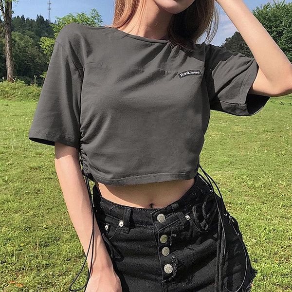women's t-shirt streetwear letter embroidery printed 2021 summer o-neck short sleeve drawstring loose women crop casual chic y2k tee, White
women's t-shirt streetwear letter embroidery printed 2021 summer o-neck short sleeve drawstring loose women crop casual chic y2k tee, White