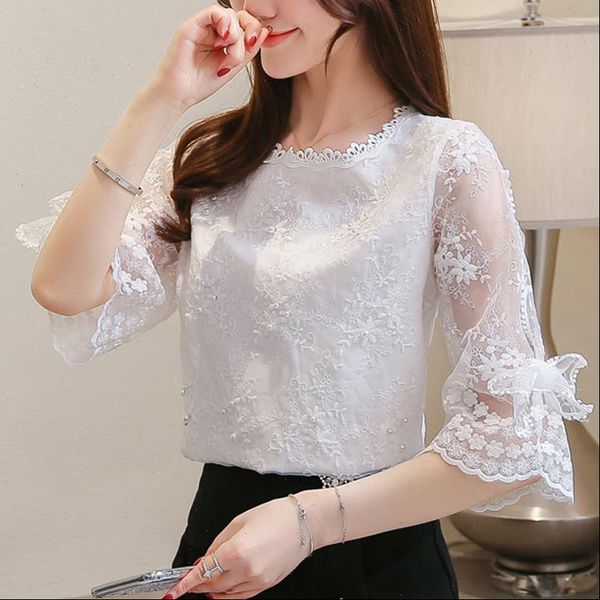 women blouse shirts round neck summer lace loose fashion hollow bow half chiffon embroidery mesh, White
women blouse shirts round neck summer lace loose fashion hollow bow half chiffon embroidery mesh, White