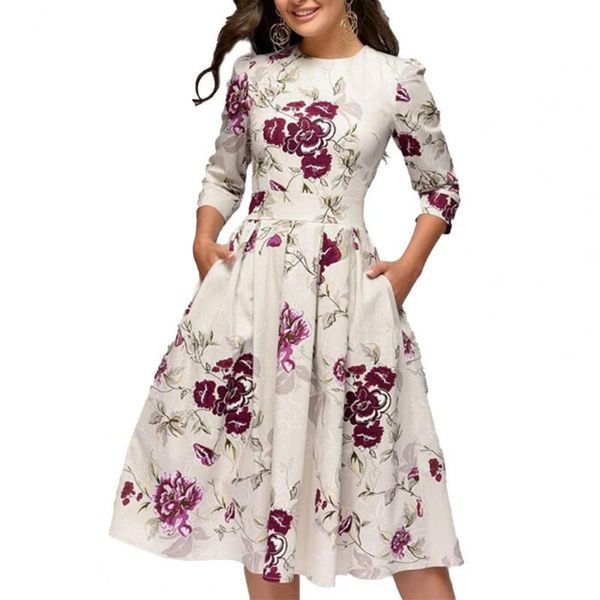 casual dresses o-neck waist tight women dress 3/4 sleeves floral print pleated large hem slim fit midi for banquet, Black;gray
casual dresses o-neck waist tight women dress 3/4 sleeves floral print pleated large hem slim fit midi for banquet, Black;gray