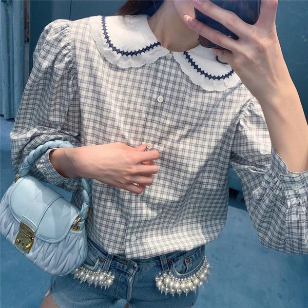 women's blouses & shirts cotton and linen plaid doll collar shirt puff sleeve long women, White
women's blouses & shirts cotton and linen plaid doll collar shirt puff sleeve long women, White