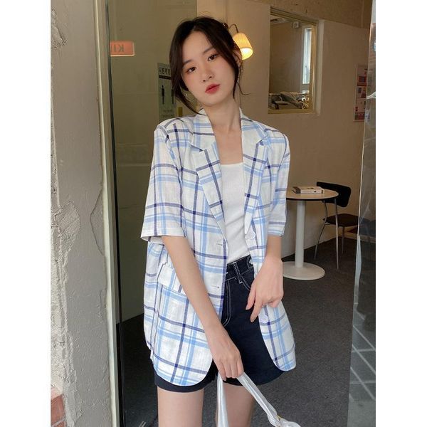 women's suits & blazers weisong 2021 summer korean short sleeve cotton plaid blazer medium length casual coat for women, White;black
women's suits & blazers weisong 2021 summer korean short sleeve cotton plaid blazer medium length casual coat for women, White;black
