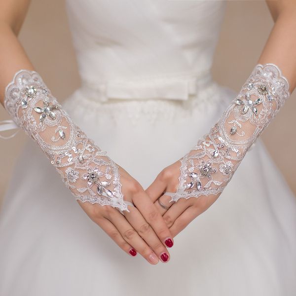 luxury short lace bride gloves wedding crystals wedding accessories fingerless below elbow length, White 
luxury short lace bride gloves wedding crystals wedding accessories fingerless below elbow length, White