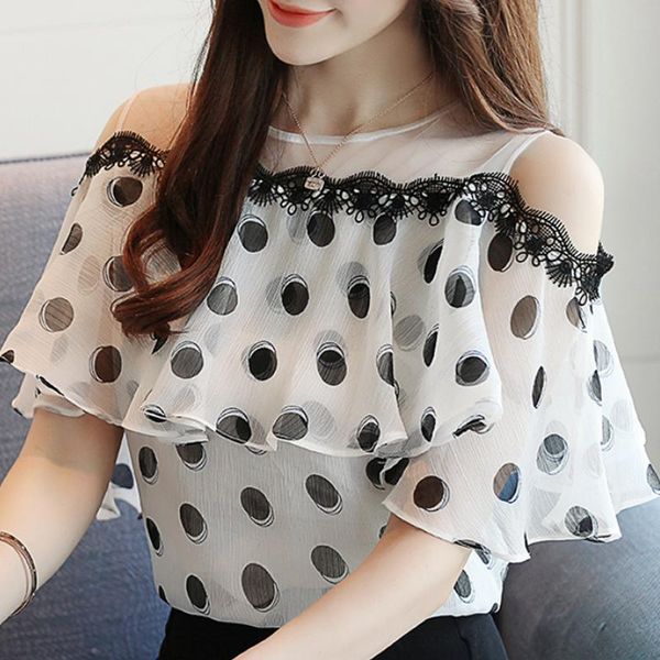 women's blouses & shirts summer blouse women off shoulder short sleeve ruffles dot print chiffon shirt blusas mujer de moda 2021 a823, White
women's blouses & shirts summer blouse women off shoulder short sleeve ruffles dot print chiffon shirt blusas mujer de moda 2021 a823, White
