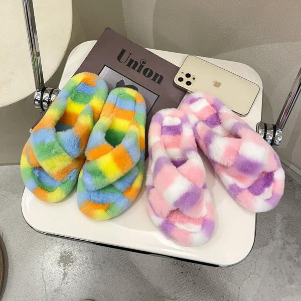 slippers fashion cross band mixed color striped ladies fur winter house bedroom girls warm plush shoes women fluffy, Black
slippers fashion cross band mixed color striped ladies fur winter house bedroom girls warm plush shoes women fluffy, Black