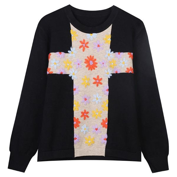 women's sweaters 2021 spring pullover black women long sleeve round neck flower embroidery loose knitted jumpers, White;black
women's sweaters 2021 spring pullover black women long sleeve round neck flower embroidery loose knitted jumpers, White;black