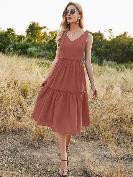 knot shoulder frill swing dress she, Black;gray