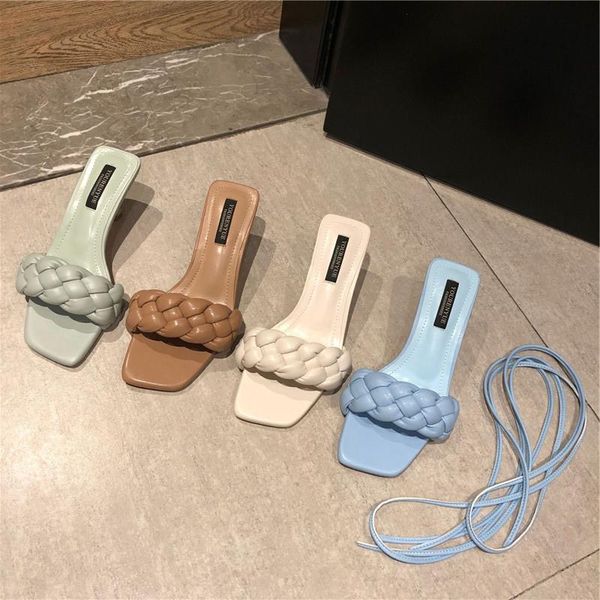 summer women square toe sandals two wear shoes weave slippers female middle heel ladies, Black 
summer women square toe sandals two wear shoes weave slippers female middle heel ladies, Black