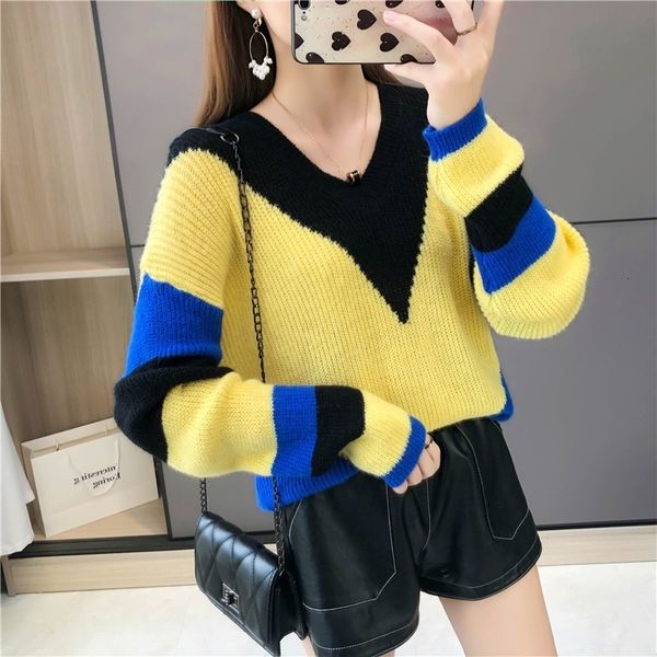 sweater pullover sweaters fashion loose color matching v-neck hollow knit christmas sweater women, White;black 
sweater pullover sweaters fashion loose color matching v-neck hollow knit christmas sweater women, White;black
