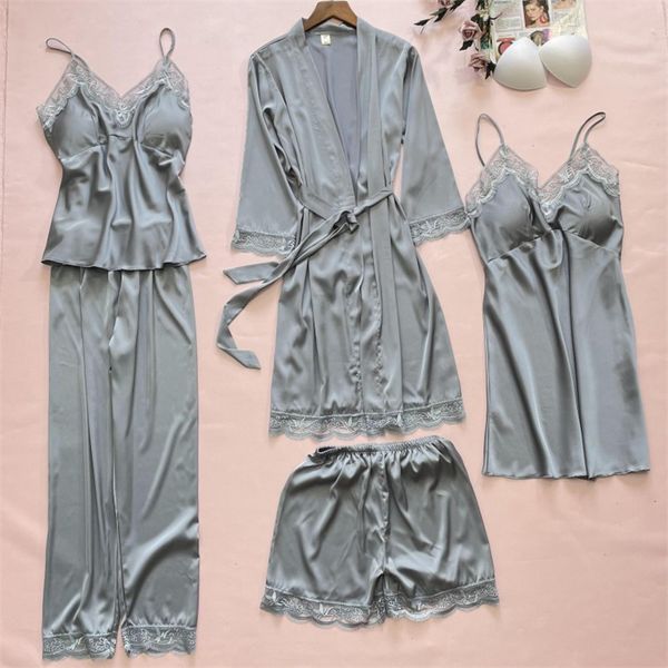 summer women satin lace trim robe sling nightdress shorts pants 5pcs pajamas sleepwear nightwear loose nightgown pijamas, Black;red
summer women satin lace trim robe sling nightdress shorts pants 5pcs pajamas sleepwear nightwear loose nightgown pijamas, Black;red