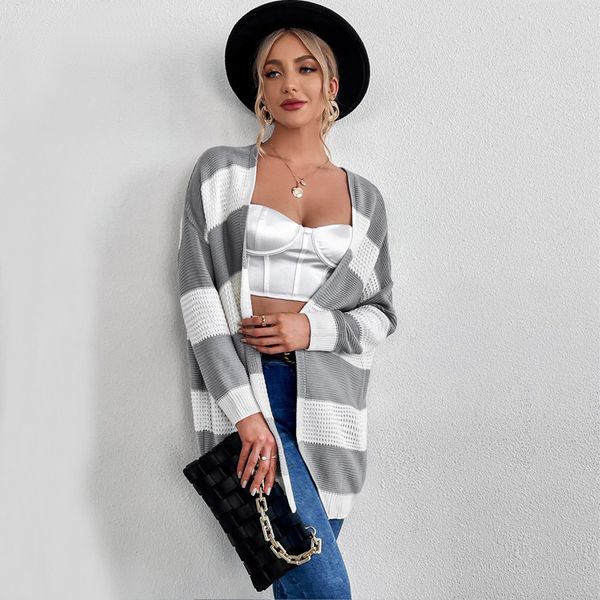 autumn women's 2021 striped sweater coat contrast medium length cardigan, White;black
autumn women's 2021 striped sweater coat contrast medium length cardigan, White;black