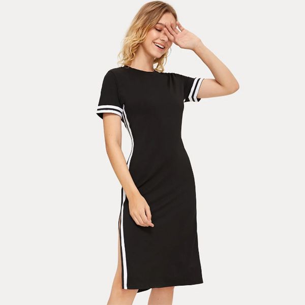 fashion dress women's short sleeve medium length casual round neck a-line skirt, White;black
fashion dress women's short sleeve medium length casual round neck a-line skirt, White;black