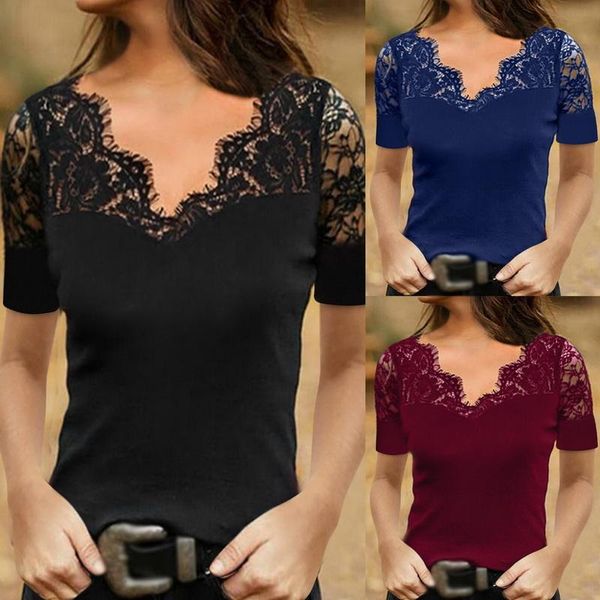 women's t-shirt 2021 sell summer women lace v-neck short sleeve casual slim pullover black patchwork solid office lady, White
women's t-shirt 2021 sell summer women lace v-neck short sleeve casual slim pullover black patchwork solid office lady, White