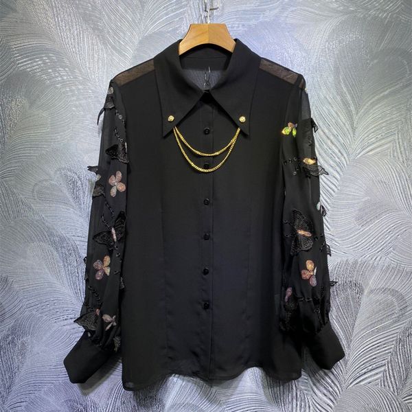 women's blouses & shirts 2021 spring desginer of women 70% silk chic butterfly embroidered black c443, White
women's blouses & shirts 2021 spring desginer of women 70% silk chic butterfly embroidered black c443, White