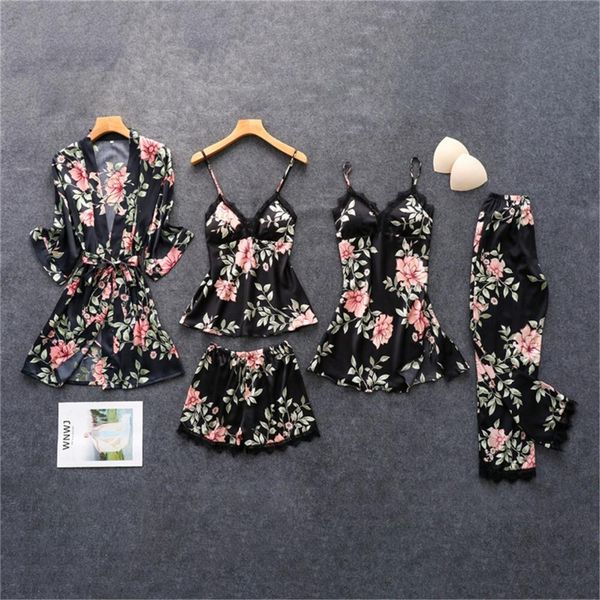 Daeyard Womens Women Sleepwear Pajamas Silk Floral Overall Print 5Pcs Pajama Set Satin Pyjamas Sexy Lace Pijama Nightie Home Clothes, Black;red 
Daeyard Womens Women Sleepwear Pajamas Silk Floral Overall Print 5Pcs Pajama Set Satin Pyjamas Sexy Lace Pijama Nightie Home Clothes, Black;red
