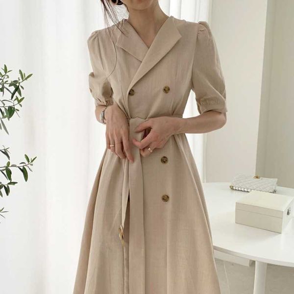 slim summer temperament vintage puff short sleeve notched double breasted dress women belt mid korean chic fashion ol vestido 210610, Black;gray
slim summer temperament vintage puff short sleeve notched double breasted dress women belt mid korean chic fashion ol vestido 210610, Black;gray