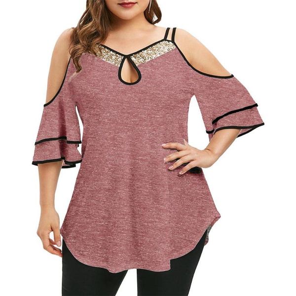 plus size women's shirts sequins neck cold shoulder ruffled sleeve irregular hem blouse casual women clothes spring summer t-shirt, White
plus size women's shirts sequins neck cold shoulder ruffled sleeve irregular hem blouse casual women clothes spring summer t-shirt, White
