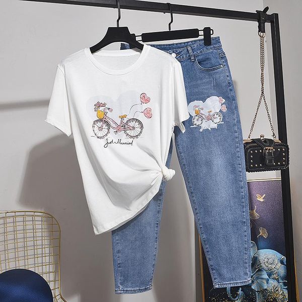 two piece dress summer set women heavy beading print short sleeve cotton t-shirt denim pants 2pc female loose tee shirt jeans outfits, White
two piece dress summer set women heavy beading print short sleeve cotton t-shirt denim pants 2pc female loose tee shirt jeans outfits, White