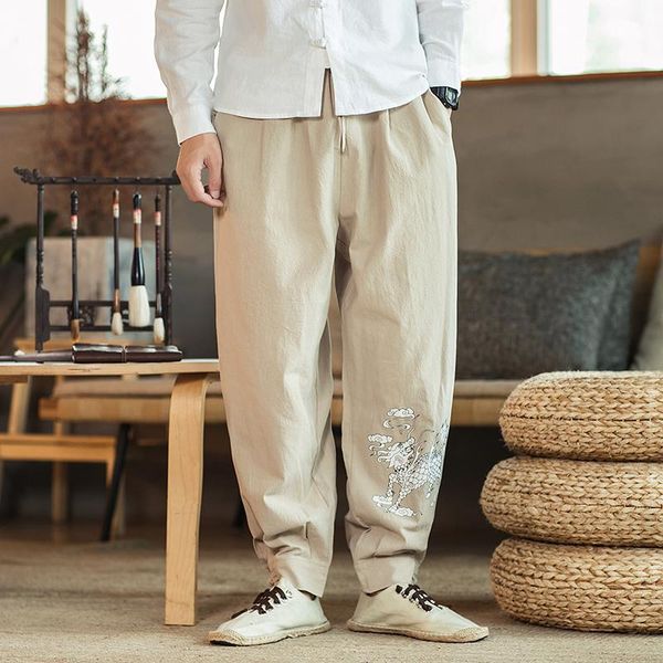 men's pants linen cotton loose fit casual elastic waist autumn chinese cloud printed streetwear for men with frog button, Black
men's pants linen cotton loose fit casual elastic waist autumn chinese cloud printed streetwear for men with frog button, Black