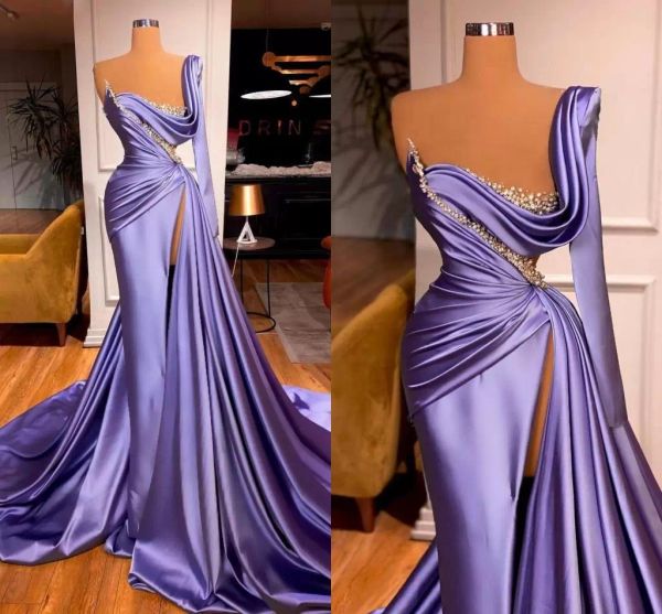 light purple prom dresses 2022 designer one shoulder high split mermaid beaded crystals plus size custom made evening graduation party gowns, Black
light purple prom dresses 2022 designer one shoulder high split mermaid beaded crystals plus size custom made evening graduation party gowns, Black