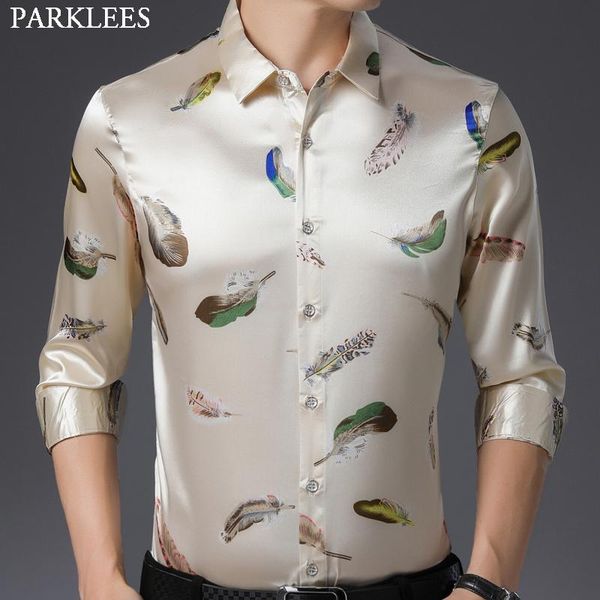 men's casual shirts feather print silk like satin shirt men 2021 brand slim fit long sleeve mens dress club party social male, White;black
men's casual shirts feather print silk like satin shirt men 2021 brand slim fit long sleeve mens dress club party social male, White;black
