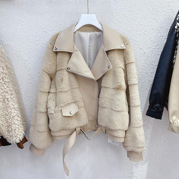 women's leather & faux autumn 2021 women imitation mink fleece patchwork pu jacket plus belt female khaki lapel long sleeve short outwe, Black
women's leather & faux autumn 2021 women imitation mink fleece patchwork pu jacket plus belt female khaki lapel long sleeve short outwe, Black