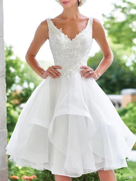 a-line wedding dress v neck knee length lace organza vintage 1950s with appliques cascading ruffles sheer back bridal gowns vestido de novia, White
a-line wedding dress v neck knee length lace organza vintage 1950s with appliques cascading ruffles sheer back bridal gowns vestido de novia, White