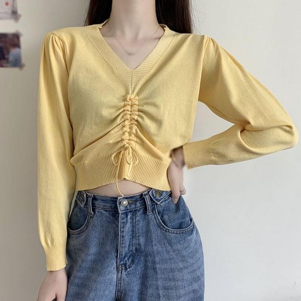 women v-neck sweaters long sleeve drawstring pleated sweater autumn knit pullover women's, White;black
women v-neck sweaters long sleeve drawstring pleated sweater autumn knit pullover women's, White;black