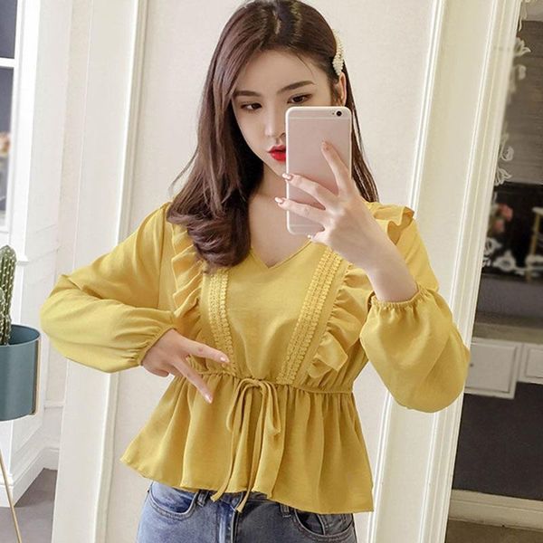 women's blouses & shirts women long sleeve ruffled blouse female v-neck chiffon sweet lace up waist slimming blusas, White
women's blouses & shirts women long sleeve ruffled blouse female v-neck chiffon sweet lace up waist slimming blusas, White