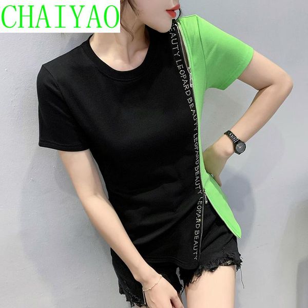 women's t-shirt summer korean clothes cotton chic spliced zipper irregularity diamonds letter women short sleeve tees t14209a, White
women's t-shirt summer korean clothes cotton chic spliced zipper irregularity diamonds letter women short sleeve tees t14209a, White