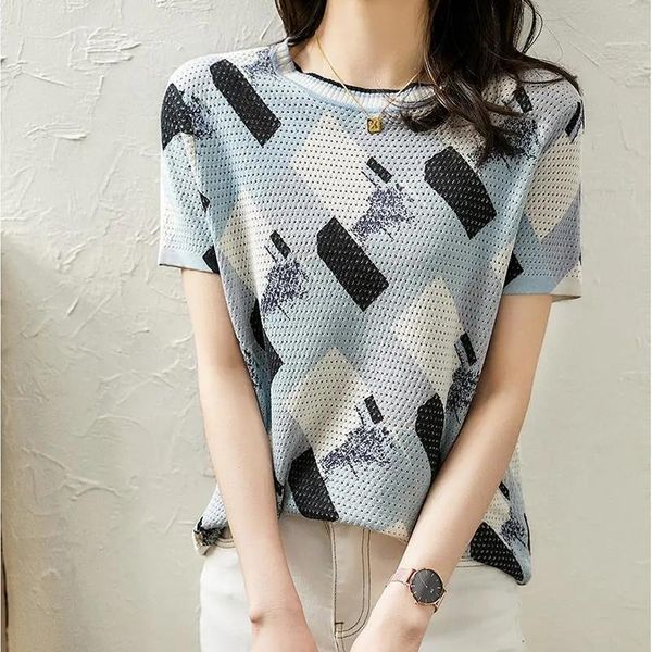 women's t-shirt hollow printed knitted thin section 2021 summer fashion contrast color loose short-sleeved casual round neck top, White
women's t-shirt hollow printed knitted thin section 2021 summer fashion contrast color loose short-sleeved casual round neck top, White