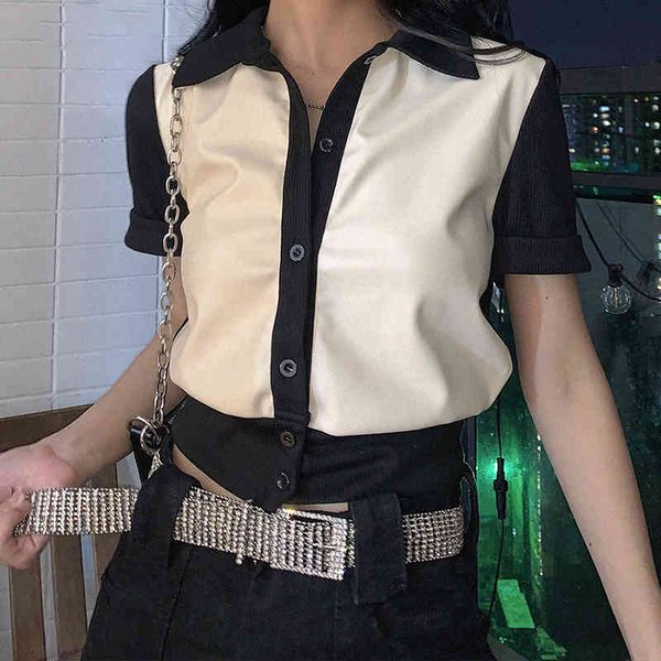 lucyever fashion pu patchwork tees women korean solid chic turndown collar t shirt woman casual knit short sleeve 210521, White;black
lucyever fashion pu patchwork tees women korean solid chic turndown collar t shirt woman casual knit short sleeve 210521, White;black