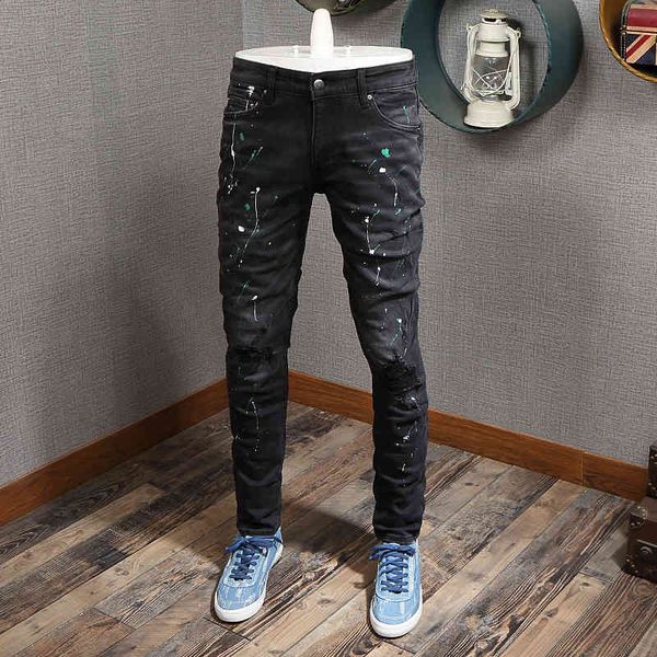 men's jeans streetwear fashion men elastic cotton slim fit ripped painted designer black denim punk pants hip hop homme ewhx, Blue
men's jeans streetwear fashion men elastic cotton slim fit ripped painted designer black denim punk pants hip hop homme ewhx, Blue