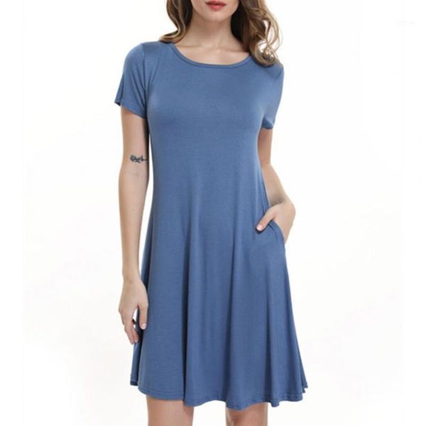 stylish dress round neck soft solid color women loose casual short sleeves for dating women's swimwear, White;black
stylish dress round neck soft solid color women loose casual short sleeves for dating women's swimwear, White;black