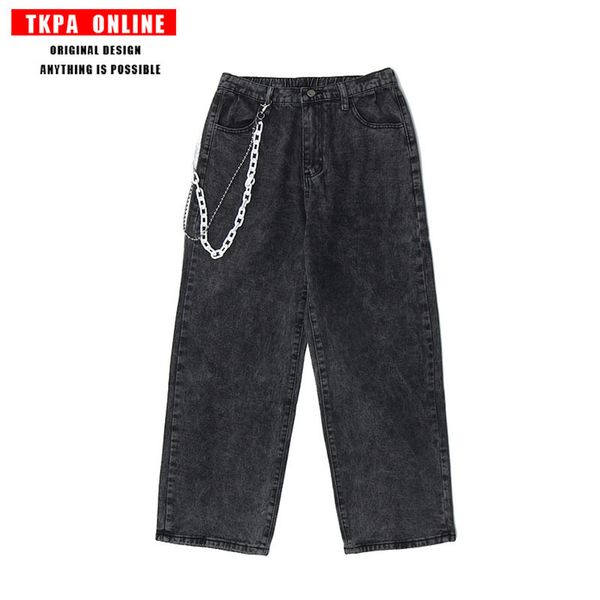 tkpa dark high street ins straight loose jeans men's wash casual street hip hop mop pants, Black