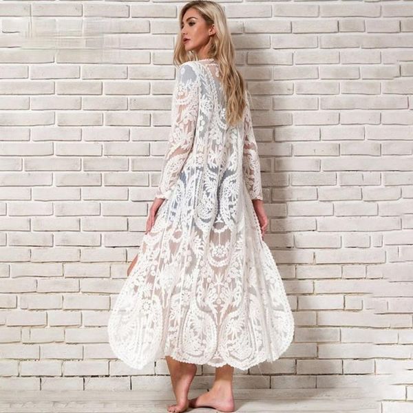 women's swimwear bohemian white beach cover-up sarong embroidery lace kimono transparent long cardigan saida de praia, White;black
women's swimwear bohemian white beach cover-up sarong embroidery lace kimono transparent long cardigan saida de praia, White;black