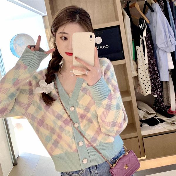 women's knits & tees sweet argyle plaid knitted cardigans coat women spring autumn button loose sweater korean v neck long sleeve cardi, White
women's knits & tees sweet argyle plaid knitted cardigans coat women spring autumn button loose sweater korean v neck long sleeve cardi, White