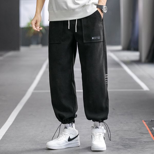 casual men's drawstring pants printed drape korean version trend loose overalls, Black