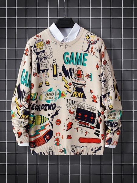 men random cartoon pattern sweater without shirt 55d0#, White;black