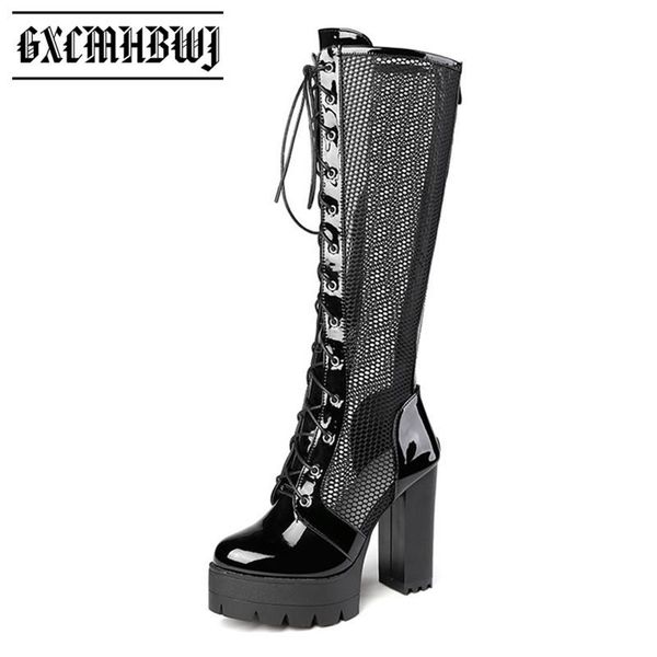 spring summer patent leather cool breathable knee high mesh women boots lace up back zip platform lady, Black
spring summer patent leather cool breathable knee high mesh women boots lace up back zip platform lady, Black