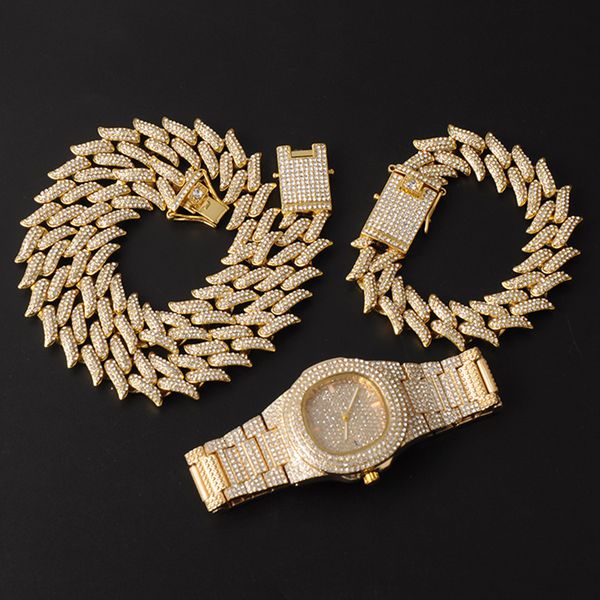 hip hop 19mm 3pcs kit watch+necklace+bracelet bling aaa+ iced out alloy rhinestones thorns cuban link chains for men jewelry, Black
hip hop 19mm 3pcs kit watch+necklace+bracelet bling aaa+ iced out alloy rhinestones thorns cuban link chains for men jewelry, Black