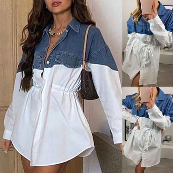 women long sleeve denim patchwork ladies shirt dress office lady casual solid button belt vintage blue white blouse shirts women's blo
women long sleeve denim patchwork ladies shirt dress office lady casual solid button belt vintage blue white blouse shirts women's blo